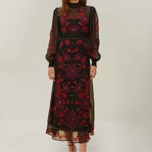 FARM Rio Black Organza Long Sleeve Midi Dress L NWT